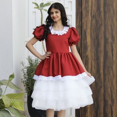 صورة فستان بناتي احمر بكلفة رقبة وطبقات تل | ألوان (عودي، أحمر، ليموني) - 1173